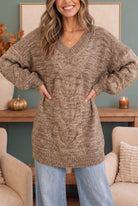 Women’s cable knit sweater, oversized v-neck pullover, mocha marled sweater, fall knitwear, relaxed fit sweater, cozy winter tops, boho knit pullover, Friday Night Lights sweater.