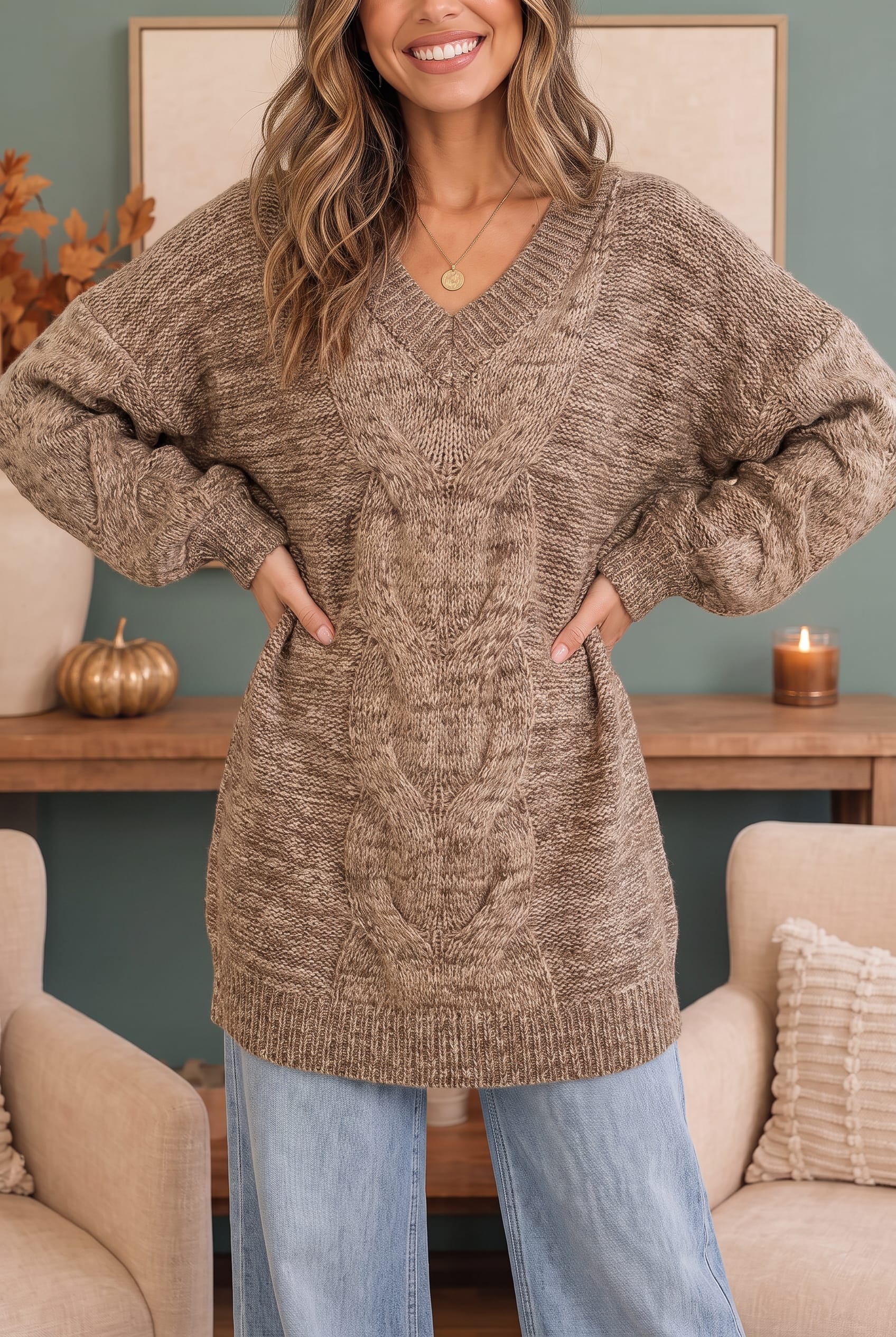 Women’s cable knit sweater, oversized v-neck pullover, mocha marled sweater, fall knitwear, relaxed fit sweater, cozy winter tops, boho knit pullover, Friday Night Lights sweater.