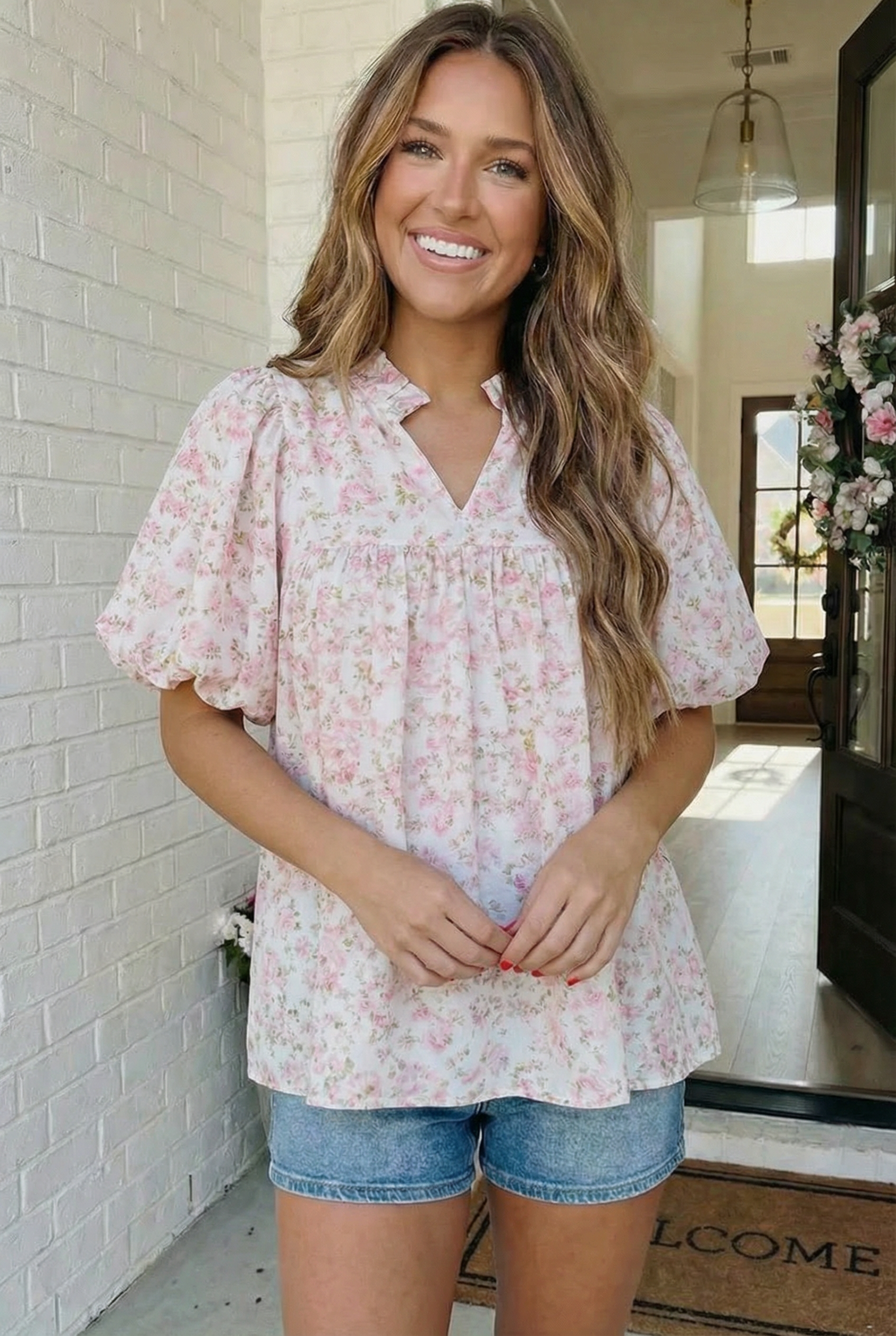 Pink floral blouse, babydoll top, puff sleeve blouse, ditsy floral print, ruffled neck top, women's summer fashion, cottagecore style, boutique floral tops.