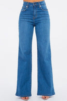 high rise wide leg jeans, medium blue denim, stretch wide leg jeans, 33 inch inseam jeans, made in usa denim, women’s flare jeans, high waisted wide leg trousers, premium stretch denim