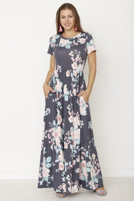 Maxi dress with pockets, short sleeve maxi, floral dress, Made in USA clothing, women's summer fashion, comfortable maxi dress, casual floral dress, pocket maxi dress.