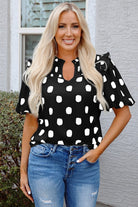 Polka dot blouse, balloon sleeve top, notched v-neck, ruffle shoulder blouse, women's chic tops, boho polka dot shirt, elegant work blouse, Nola blouse