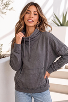 Charcoal oversized pullover with a cowl neck, drawstring, and front kangaroo pocket.