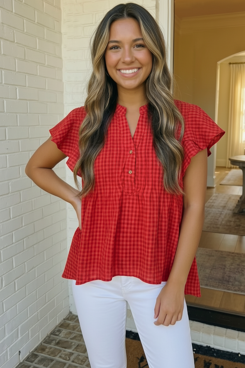 Coral Gingham Top, Flutter Sleeve Blouse, Women’s Pintuck Shirt, Breezy Summer Fashion, Casual Red Gingham Top, Lightweight Crinkle Fabric