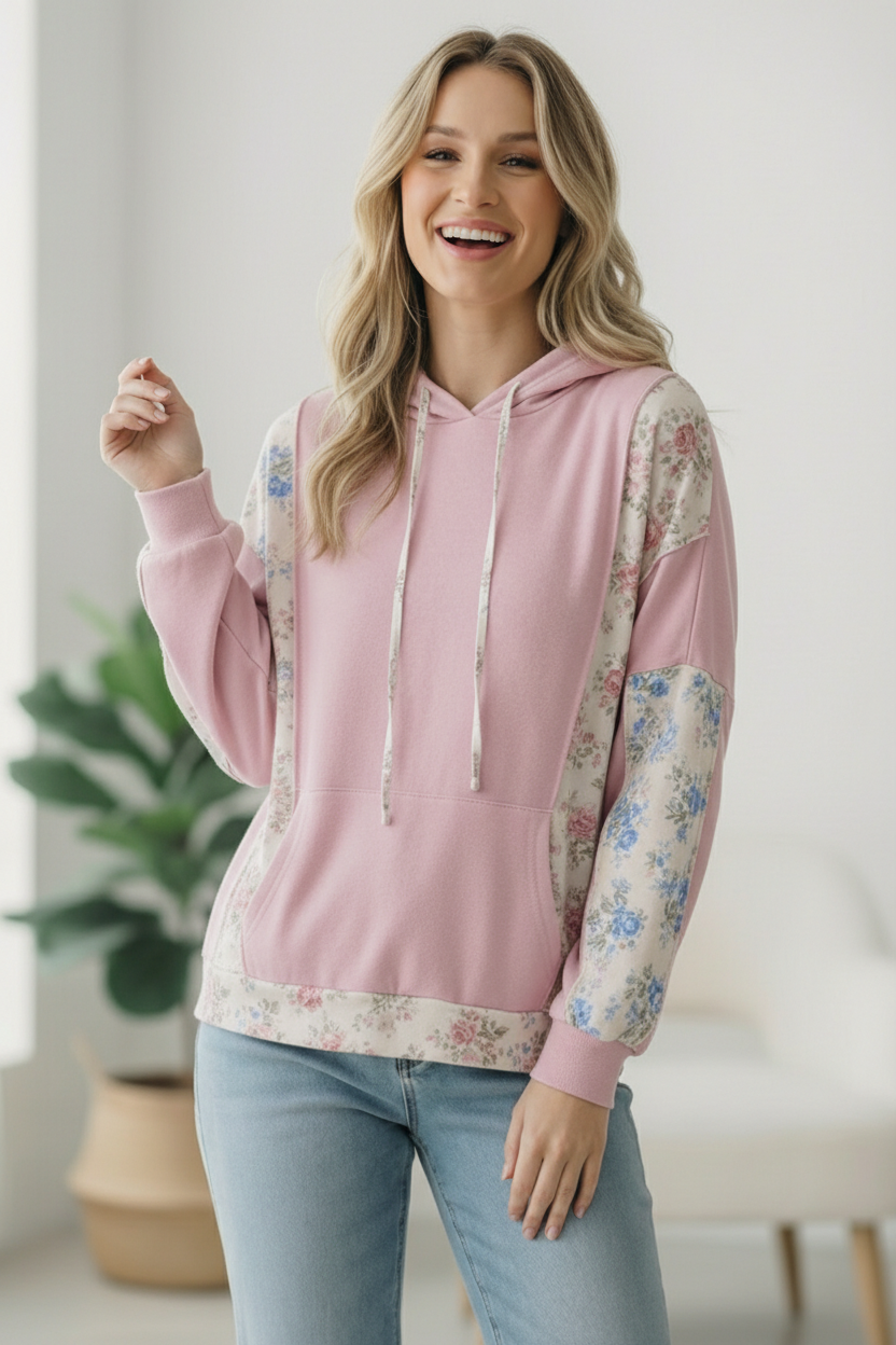 floral hoodie, color block sweatshirt, oversized hoodie, women's boutique clothing, French terry top, bubble sleeve hoodie, spring fashion, ditsy floral print, pink floral hoodie.