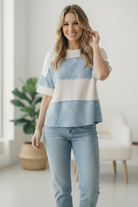 floral colorblock top, ribbed knit shirt, linen blend top, women's boutique tops, short sleeve floral shirt, casual summer knit, exposed seam top, blue floral tee