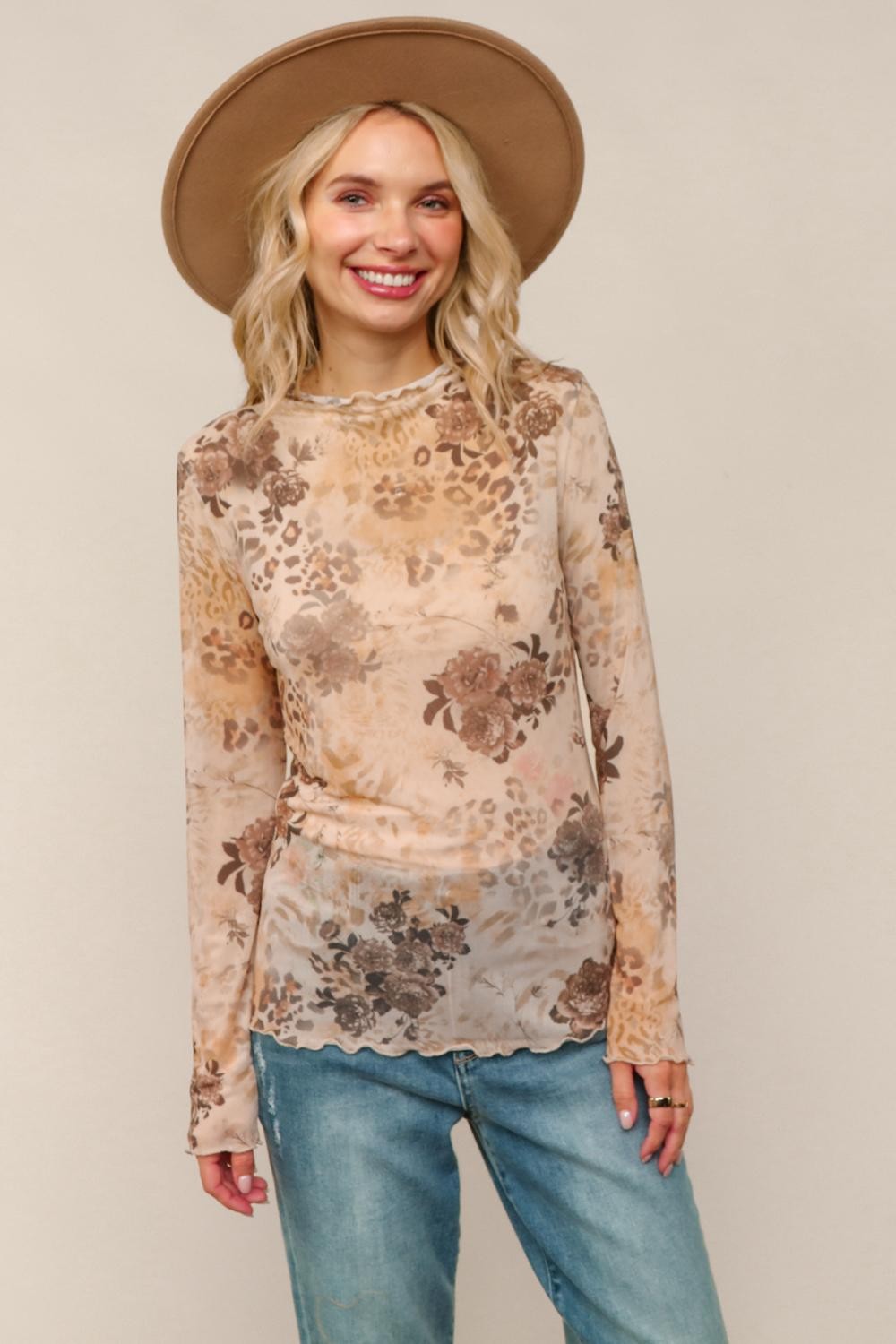Floral and Animal Mixed Print Semi Sheer Top
