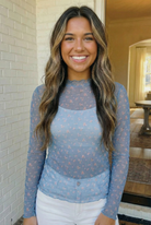 floral mesh top, sheer long sleeve top, blue ditsy floral blouse, scalloped mock neck, layering mesh top, feminine sheer top, ditsy print mesh, boho mesh shirt