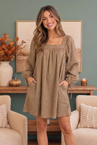 Striped Mini Dress, Babydoll Dress with Pockets, Square Neck Long Sleeve Dress, Mocha Autumn Dress, Boho Fall Fashion, Striped Babydoll Dress, Women's Flowy Mini Dress.