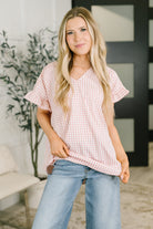 Dusty rose blouse, gingham top, ruffle sleeve blouse, women's pink gingham, crinkle woven top, V-neck blouse, dolman sleeve top, casual spring fashion, A-line blouse, feminine pink top.
