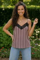 Lace trim camisole, striped satin top, V-neck cami, burgundy striped top, mocha cami, sleeveless satin blouse, women's flowy camisole, Rayon satin tank.