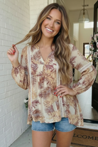 Boho babydoll top, tropical palm print blouse, women's rayon flowy top, mauve long sleeve boho top, lace trim v-neck blouse, summer vacation outfits, resort wear for women, lightweight spring top.