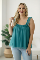 teal tank top, tulle top women, ruffle strap tank, swing silhouette top, feminine summer tops, teal tulle blouse, flowy sleeveless top