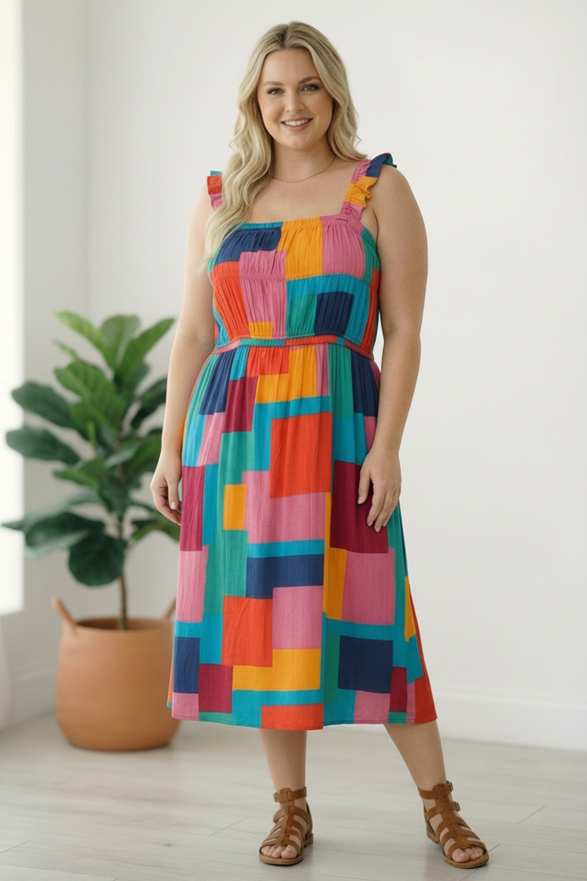 Pop Art Dress, Patchwork Midi Dress, Colorful Summer Dress, Empire Waist Midi, Ruffle Strap Dress, Square Neck Midi, Women's Boutique Fashion, Vibrant Sun Dress.