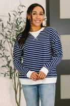 Navy striped pullover, drop shoulder top, women's jersey knit sweater, nautical striped sweatshirt, cotton stretch pullover, comfortable everyday top, relaxed fit navy top.