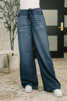 Judy Blue Jeans, Wide Leg Palazzo Denim, High Waisted Jeans, Featherweight Denim, Comfortable Women's Jeans, Elastic Waist Denim, Medium Wash Wide Leg.