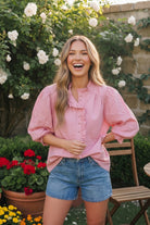pink puff sleeve top, cotton eyelet blouse, ruffle neck pink shirt, feminine summer tops, women's pink cotton blouses, garden party outfit, pink button down top, eyelet lace shirt