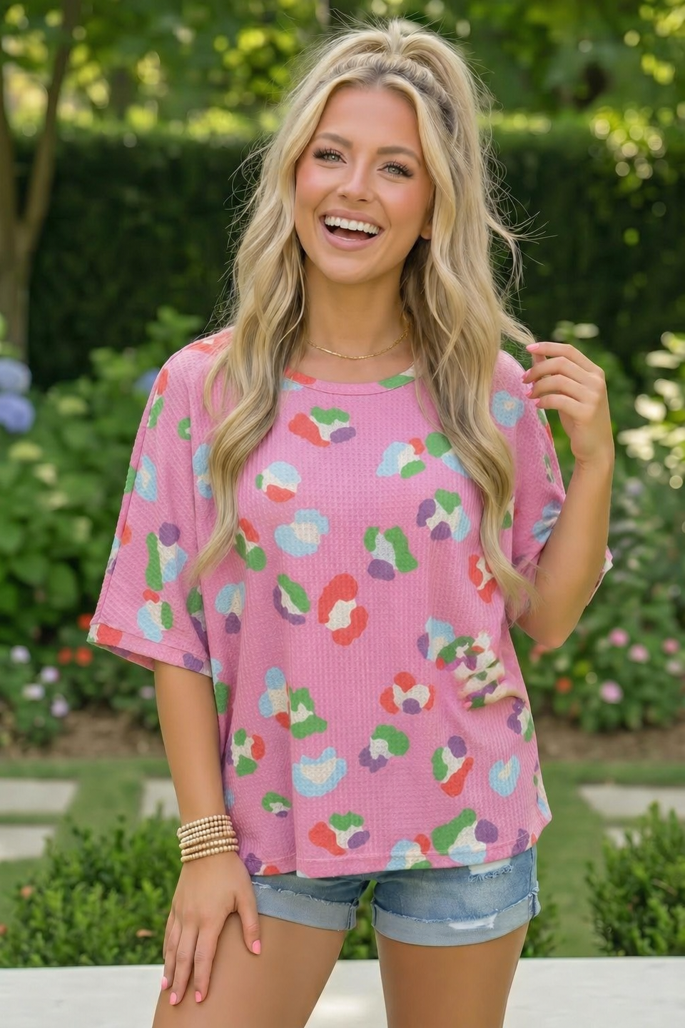 pink leopard print top, waffle knit shirt, boxy tee, multicolor animal print, women's casual tops, pink waffle knit, abstract leopard print, boutique style top