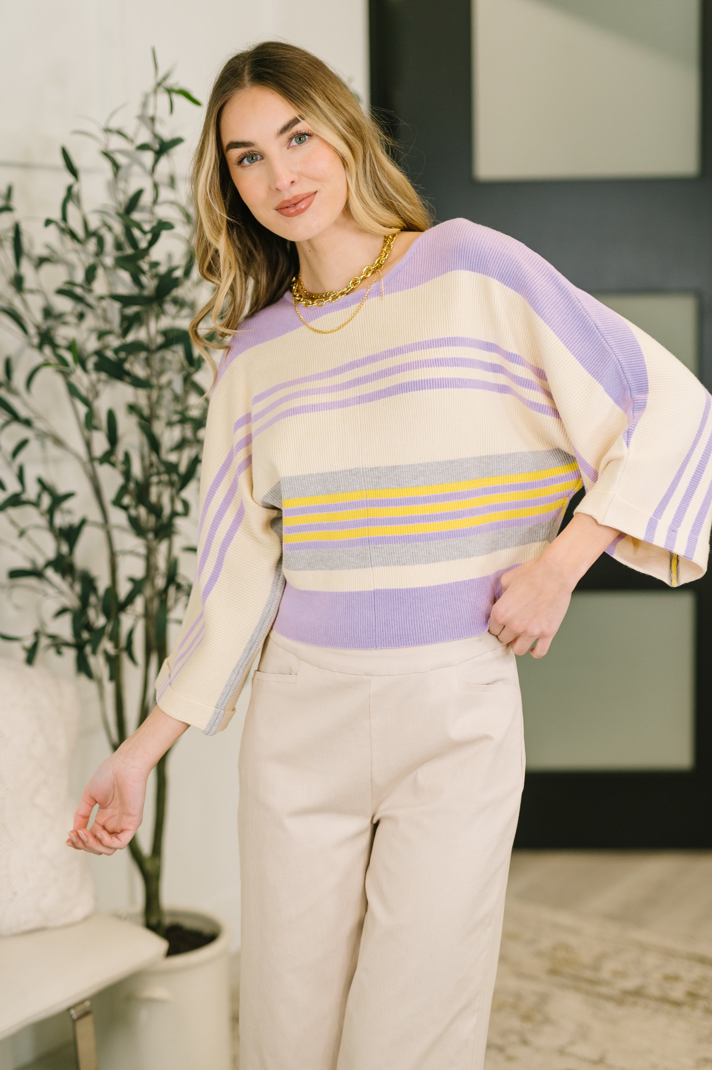 Striped Dolman Top, lightweight sweater knit, women's striped knitwear, casual chic top, viscose knit sweater, dolman sleeve shirt, seasonal layering top, Barely Justified top.