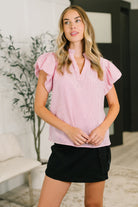 Striped blouse, ruffle sleeve top, split neck blouse, women's boxy fit top, crinkle woven shirt, business casual blouse, pink striped top, flutter sleeve blouse.