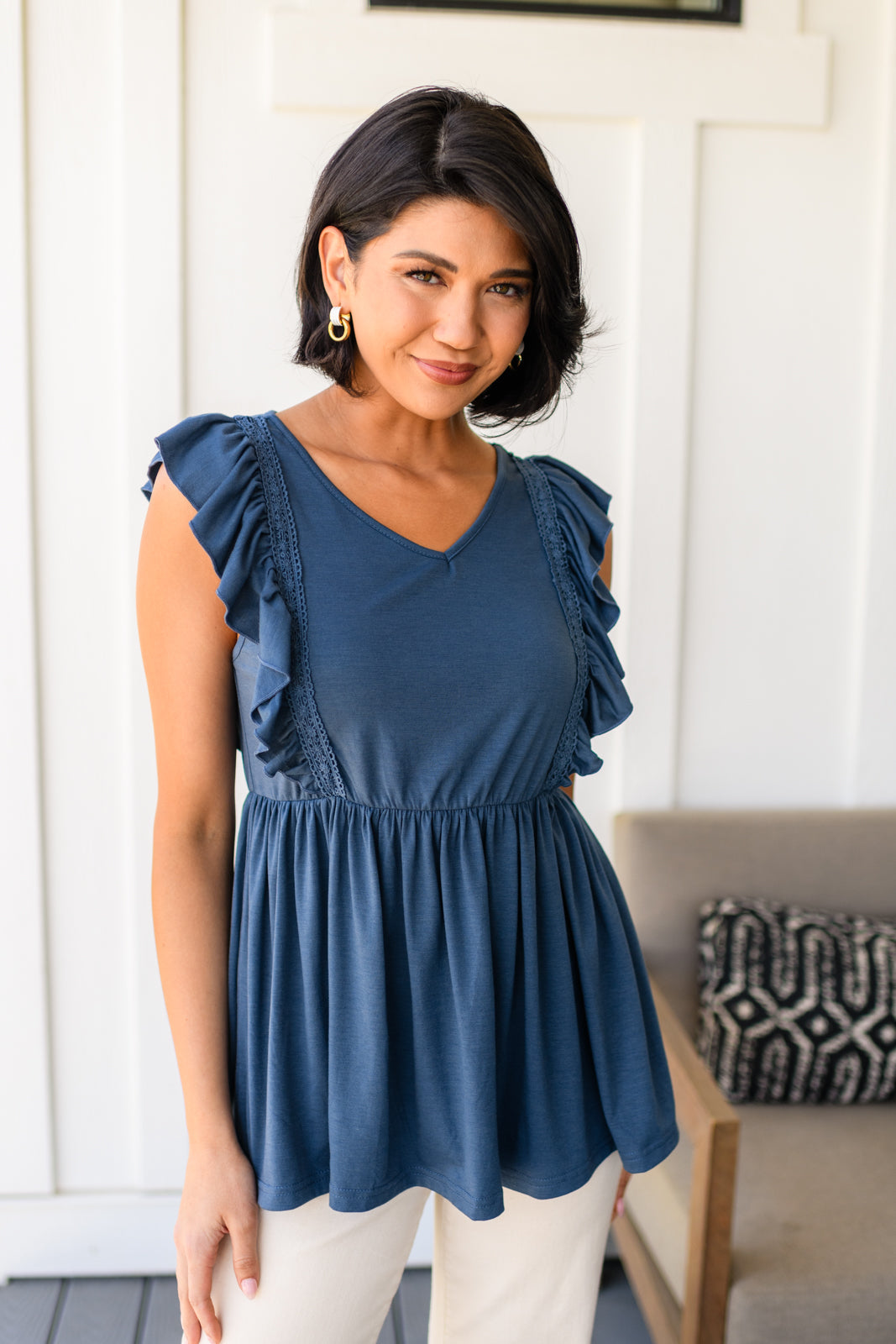 Babydoll Top, Ruffled Sleeve Shirt, Lace V-Neck Top, Women's Jersey Knit Top, Flattering Summer Top, Bohemian Style Blouse, Navy Babydoll Top, Elastic Waist Top