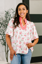 floral blouse, bell sleeve top, split neck blouse, spring fashion, women's floral top, pink floral blouse, notch neck top, stretch woven blouse, floral work top
