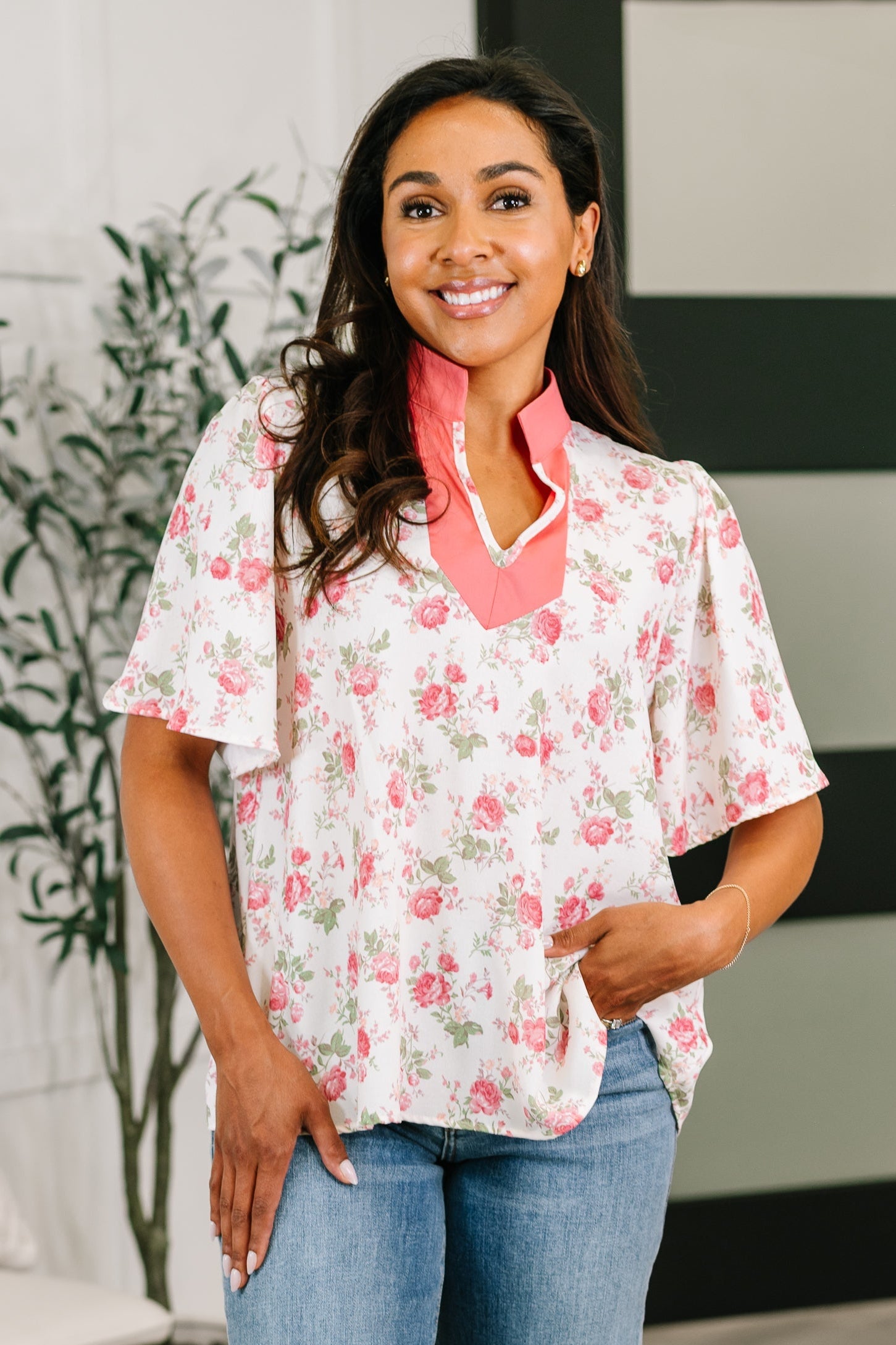 floral blouse, bell sleeve top, split neck blouse, spring fashion, women's floral top, pink floral blouse, notch neck top, stretch woven blouse, floral work top