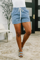 high-waisted drawstring shorts, dark blue denim shorts, striped woven shorts, women's casual summer shorts, comfortable elastic waist shorts, durable cotton shorts, Boardwalk Talks shorts