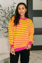Striped knit sweater, drop shoulder pullover, vibrant women's top, textured knit sweater, colorful loungewear, high stretch pullover, casual chic sweater, pink and yellow striped top.