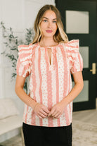Puff sleeve blouse, split neck top, professional women's clothing, ruffle sleeve top, viscose blouse, boho office wear, red and white printed blouse, structured feminine top.