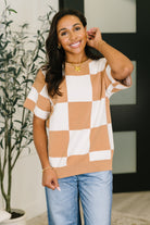 short sleeve sweater, checkerboard knit top, relaxed fit sweater, cafe check top, soft knit streetwear, women's casual sweater, oversized checkered top, breathable knitwear