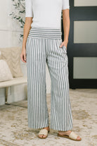 High waist striped bottoms with a smocked elastic waistband and straight fit, shown in a cotton blend fabric.
