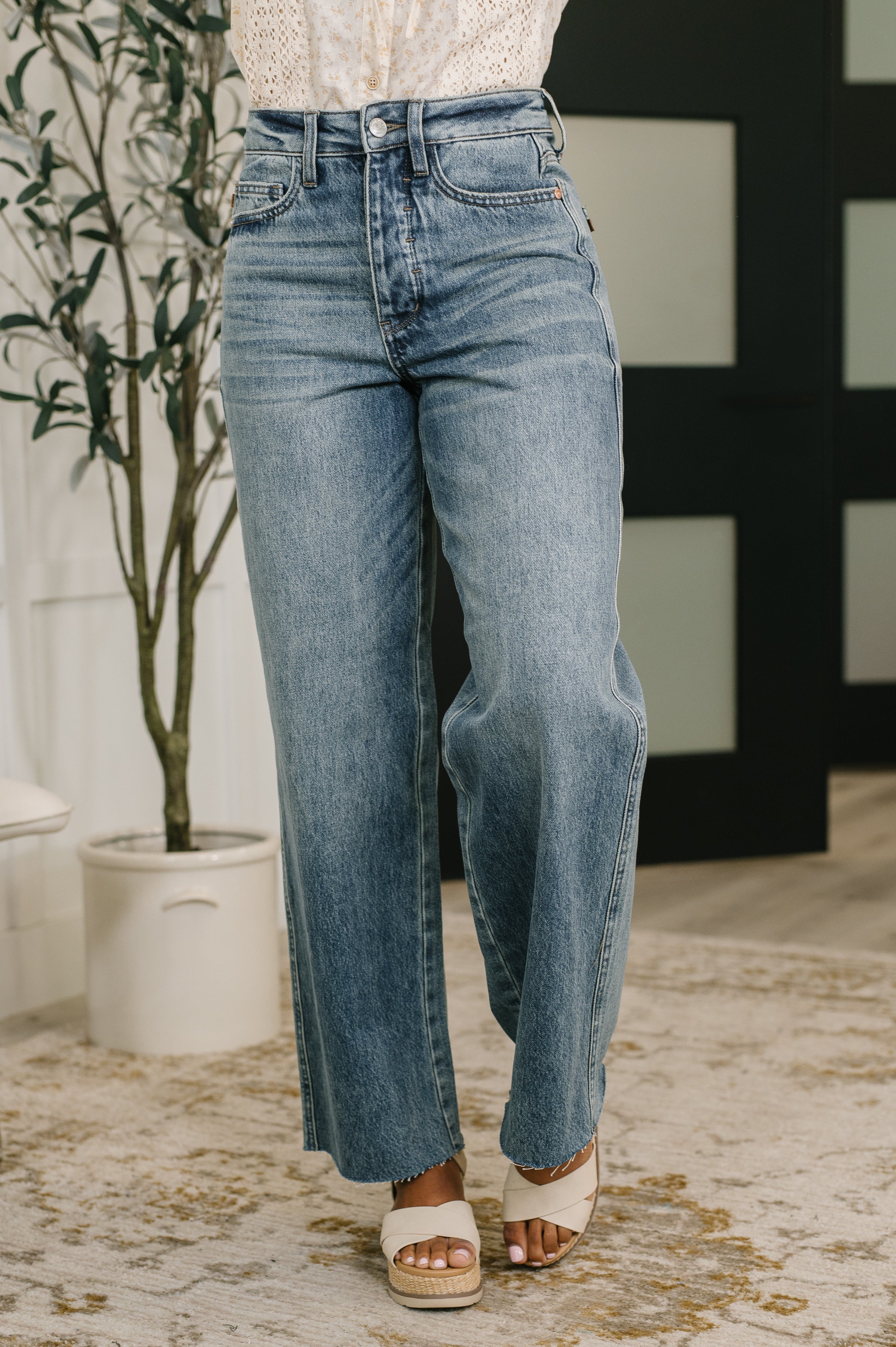 Judy Blue Jeans, Ciera Wilhelmina Baggy, Rigid Magic Denim, High Waist Baggy Jeans, Stretch Back Denim, Raw Hem Jeans, Button Fly Denim, Women's Relaxed Fit Jeans.