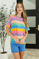 Striped top, French Terry shirt, drop shoulder top, colorful lounge wear, women's oversized tee, vibrant striped shirt, comfy casual top, rainbow stripe top.