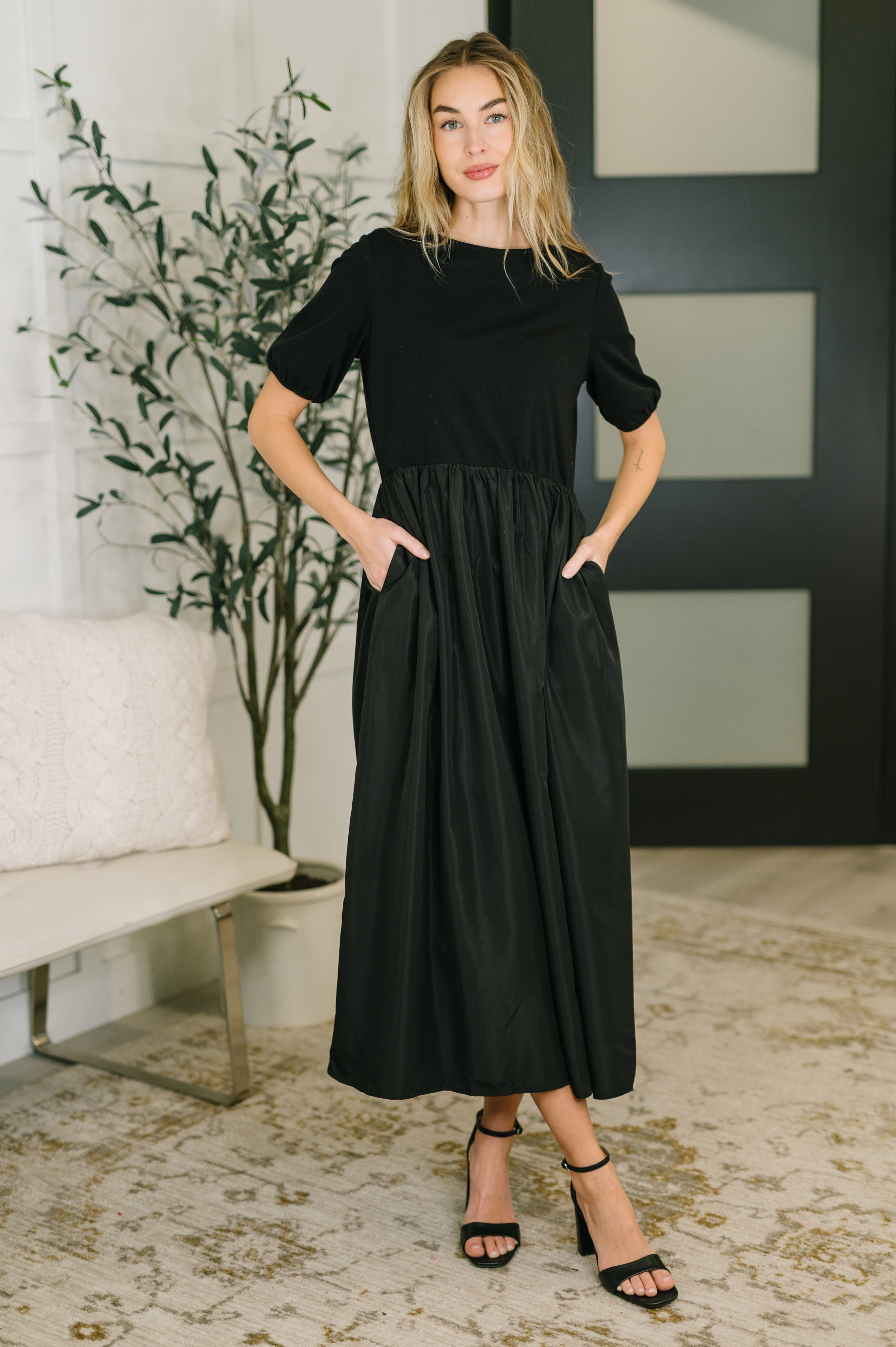 Black midi dress, mixed media dress, dress with pockets, jersey knit bodice, woven skirt dress, modest black dress, casual chic midi, short sleeve midi dress, comfortable transition dress.