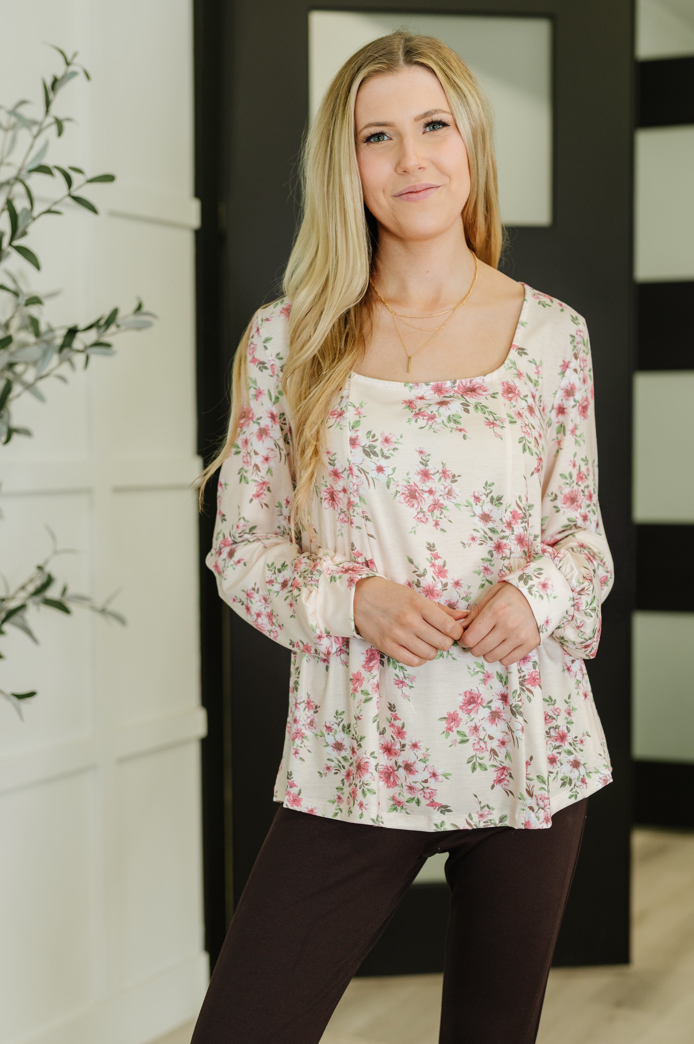 floral blouse, square neck top, jersey knit blouse, women's long sleeve tops, feminine floral print, pink floral shirt, casual chic fashion, soft knit blouse, FabKnits clothing, boutique floral tops.