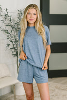 Melange lounge set, women's two-piece set, light navy loungewear, high-waisted shorts set, soft athleisure, coordinate sets, comfortable travel outfit, brushed fabric clothing.