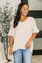 Sand beige top, crinkle woven blouse, V-neck dolman sleeve, loose fit top, neutral women's top, hi-low hem blouse, textured fabric top, casual chic top, beige summer blouse.