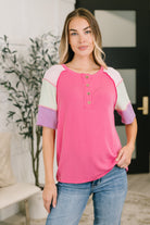 Color block top, ribbed henley, women’s casual knitwear, cable knit shirt, raglan sleeve top, boho henley, boxy fit top, wood button henley, stretch knit apparel.