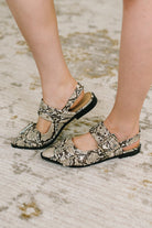 snakeskin flats, pointy toe slingbacks, buckle flats, animal print footwear, edgy office shoes, bronze hardware flats, vegan leather flats, Crazy Train shoes