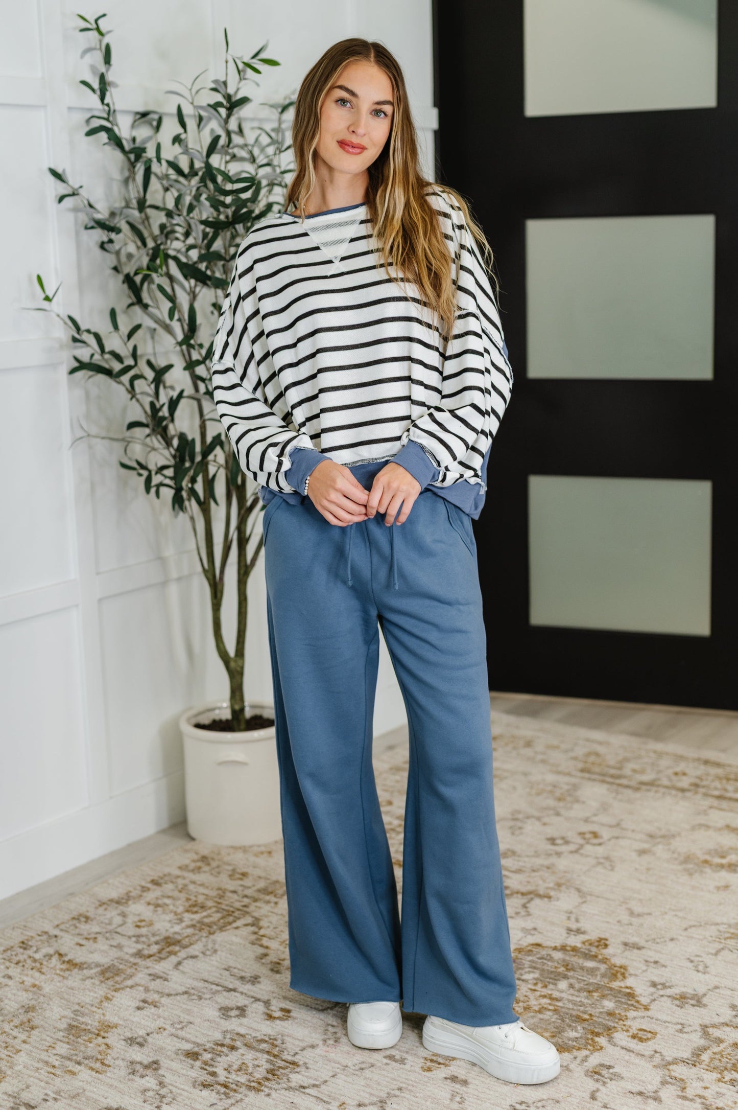 Cute in Comfort Crew Neck Pullover in White, Black and Denim