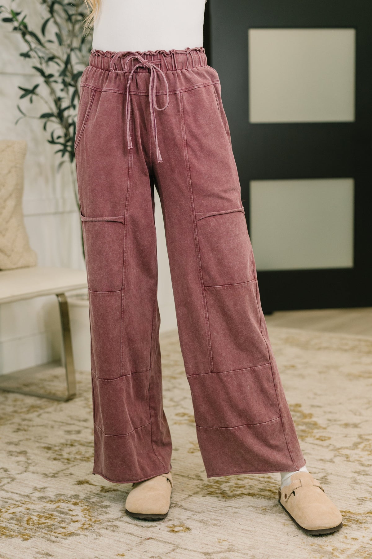 Mineral wash high-waisted sweats with wide leg cut and drawstring waistband.