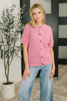 short sleeve cardigan, sweater knit button down, women's pink cardigan, lightweight knit top, raglan sleeve sweater, cotton blend cardigan, versatile spring sweater, fabknits tops