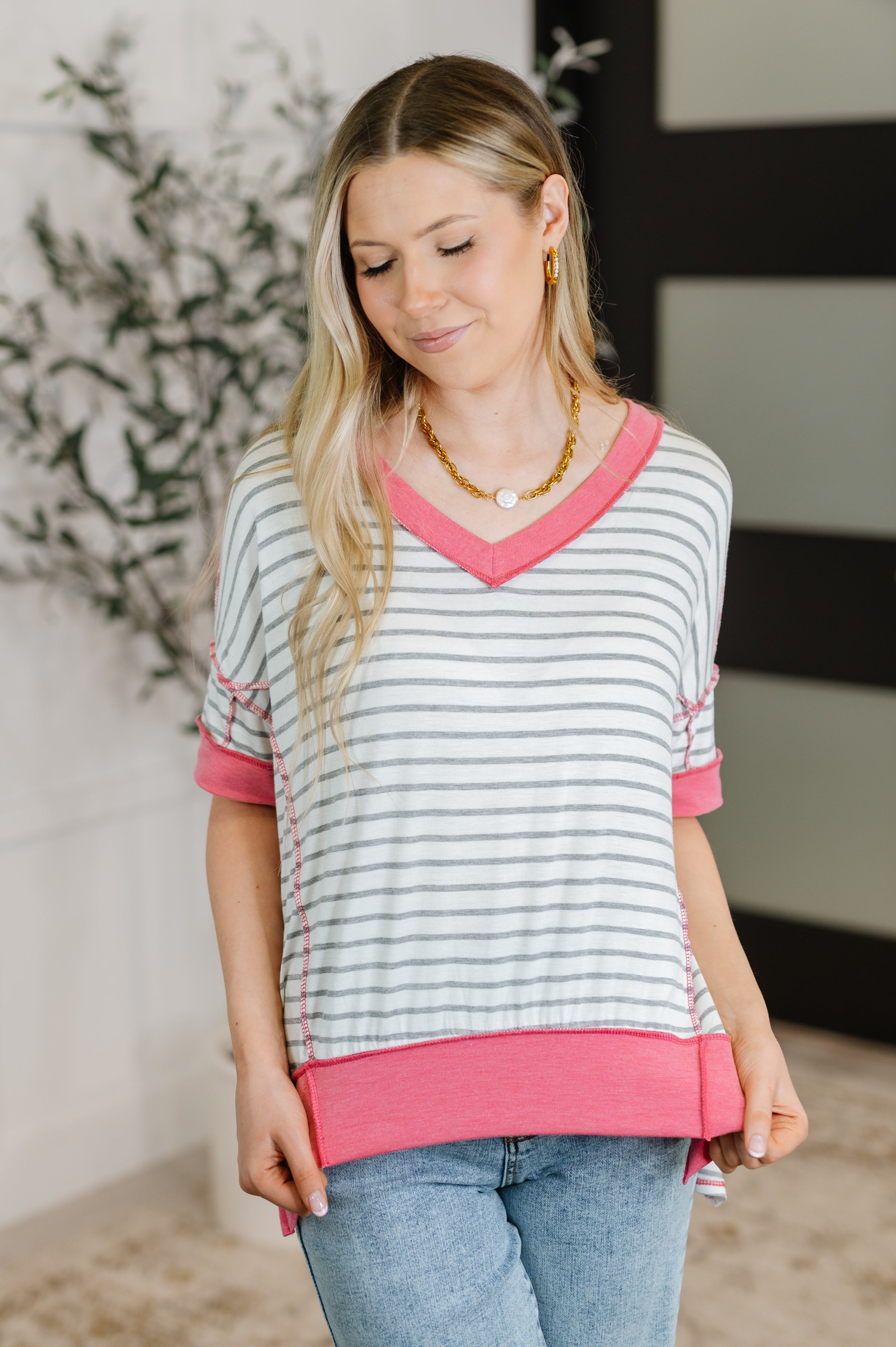 striped v-neck top, lightweight knit shirt, pink and grey lounge top, women’s relaxed fit tee, soft rayon t-shirt, trendy casual knit, summer loungewear, boutique striped top