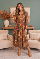 Harvest Bloom Dress, brick red midi dress, autumn floral dress, tiered midi skirt, fall brunch outfit, balloon sleeve dress, boho autumn fashion, long sleeve midi.