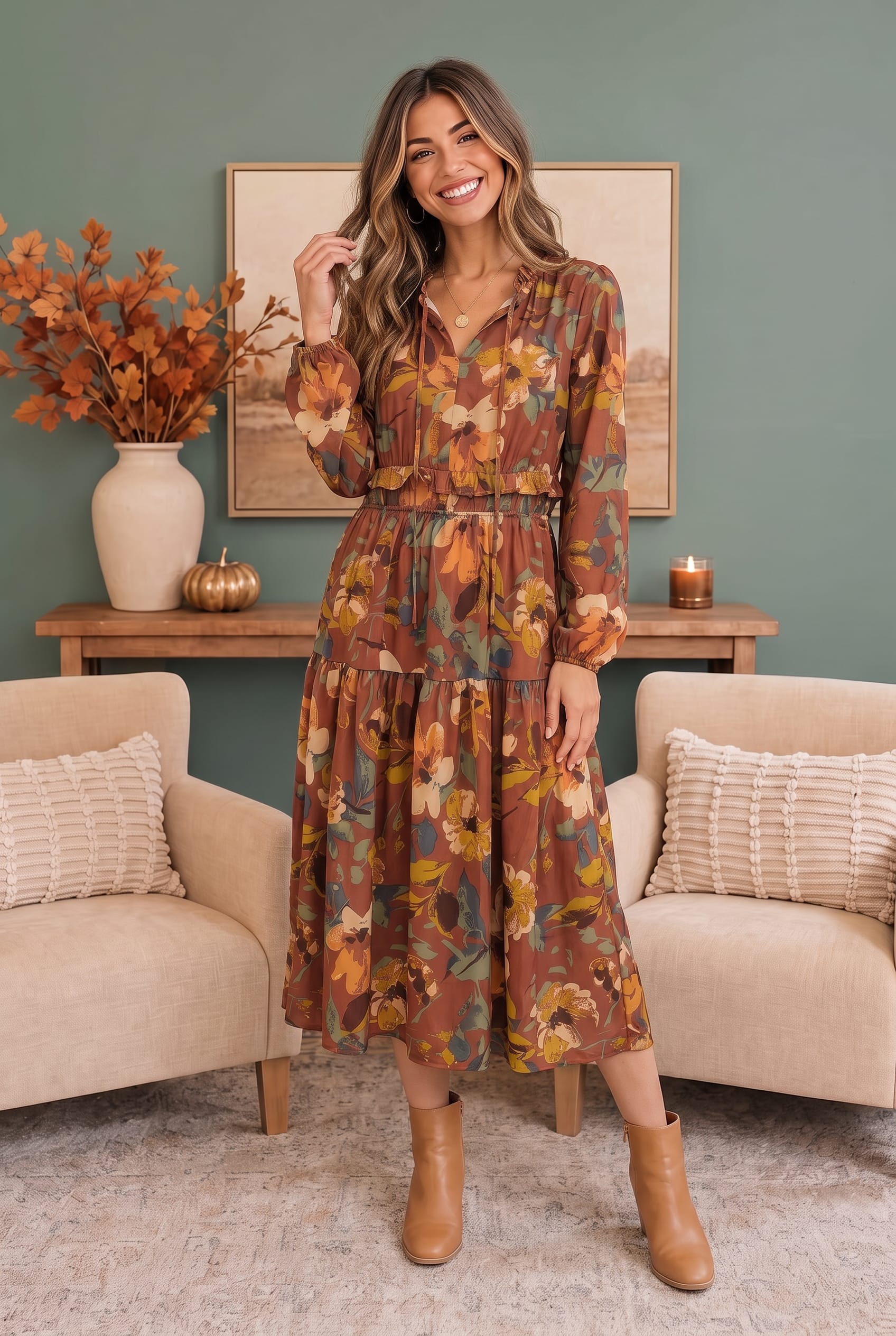 Harvest Bloom Dress, brick red midi dress, autumn floral dress, tiered midi skirt, fall brunch outfit, balloon sleeve dress, boho autumn fashion, long sleeve midi.