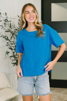 Boxy tee, cotton t-shirt, women's blue tee, heathered jersey shirt, relaxed fit top, deep sky blue tee, casual chic fashion, drop shoulder tee, comfortable cotton shirt, exposed seam top.