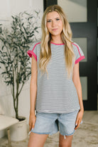 Striped Dolman Tee, Women's Cotton Jersey Top, Contrast Trim Shirt, Casual Chic Tee, Stretchy Striped Top, Designer Everyday Tee, Fashionable Short Sleeve Shirt.