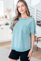 Mineral wash top, waffle knit shirt, dolman sleeve top, vintage wash tee, women's boho top, raw hem pocket tee, oversized waffle knit, high-low hem top, edgy casual wear, cotton blend top.