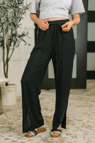 Black linen pants, high waisted lounge pants, straight leg trousers, women's breathable pants, summer lounge wear, linen blend pants with pockets, chic black drawstring pants.